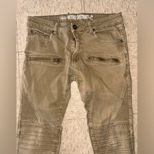 REtro Distrikt Olive Green Moto-Style Skinny Jeans with Zipper Accents